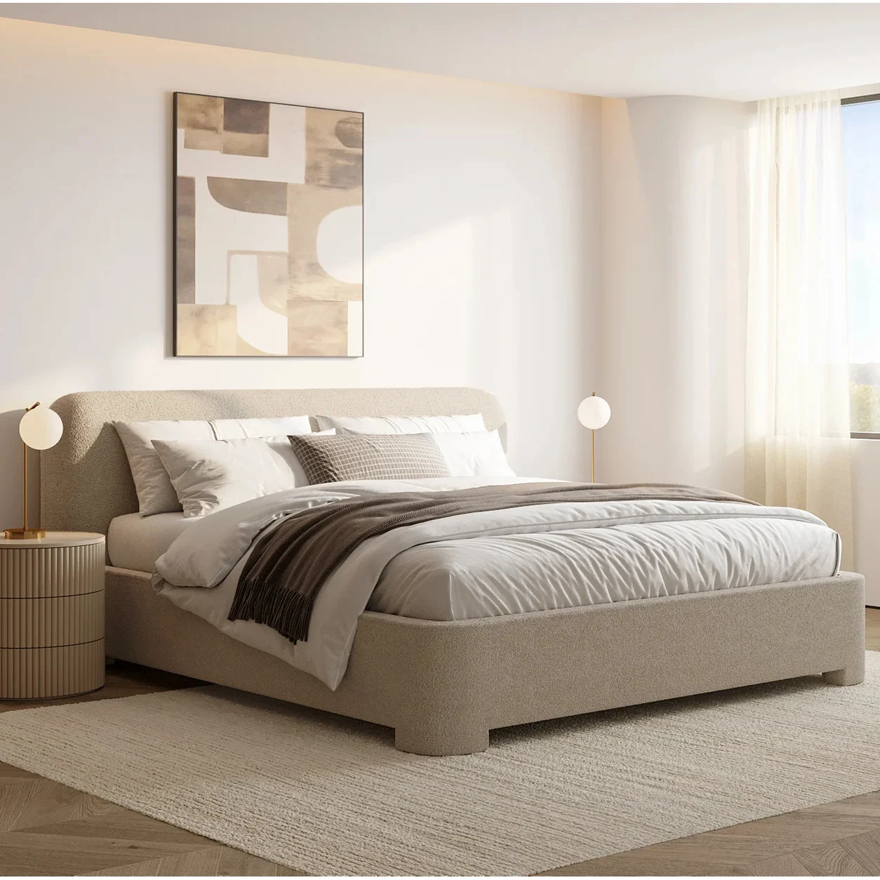 Cama Mirelle tapizada bouclé fabricación camas muebles personalizados Panamá Taylor Decor Design