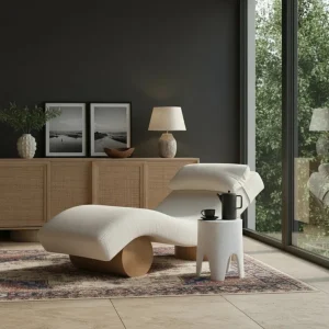 Chaise Adriana tapizada curvas escultóricas roble diseño Art Déco fabricación muebles personalizados Panamá Taylor Decor Design