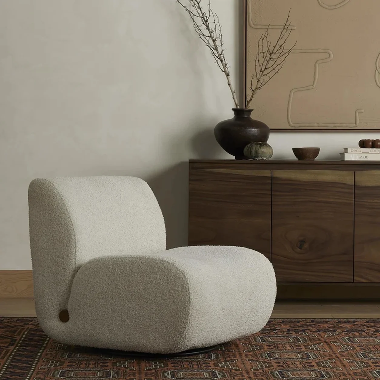 Poltrona Giratoria Tomás 360 tapizada detalle roble diseño curvo fabricación muebles personalizados Panamá Taylor Decor Design
