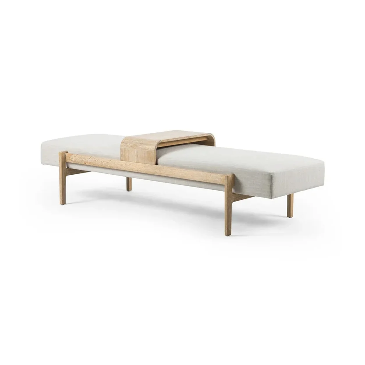 Banca Rafael tapizada bandeja deslizante roble diseño Mid Century fabricación muebles personalizados Panamá Taylor Decor Design