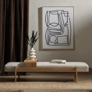Banca Rafael tapizada bandeja deslizante roble diseño Mid Century fabricación muebles personalizados Panamá Taylor Decor Design