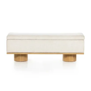 Banca Rodrigo almacenamiento tapizada bouclé patas cilíndricas roble macizo fabricación muebles personalizados Panamá Taylor Decor Design