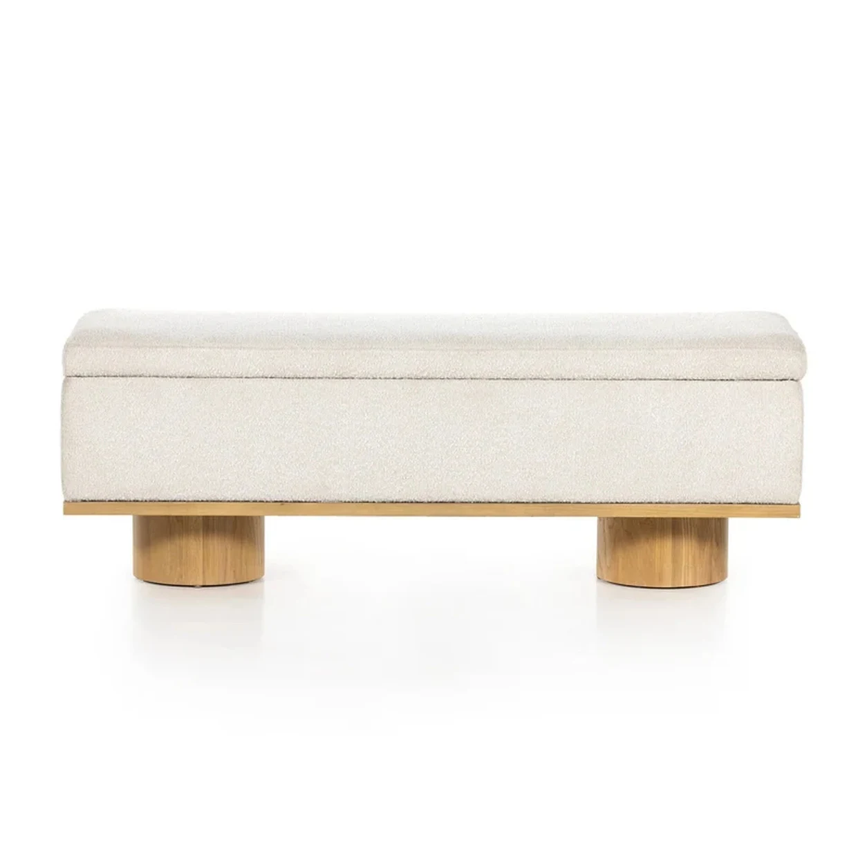 Banca Rodrigo almacenamiento tapizada bouclé patas cilíndricas roble macizo fabricación muebles personalizados Panamá Taylor Decor Design