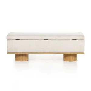 Banca Rodrigo almacenamiento tapizada bouclé patas cilíndricas roble macizo fabricación muebles personalizados Panamá Taylor Decor Design