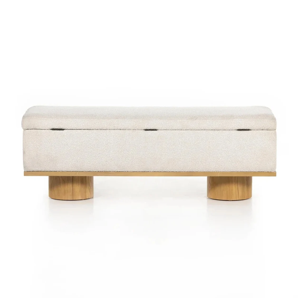 Banca Rodrigo almacenamiento tapizada bouclé patas cilíndricas roble macizo fabricación muebles personalizados Panamá Taylor Decor Design