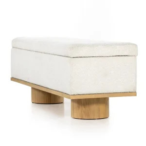 Banca Rodrigo almacenamiento tapizada bouclé patas cilíndricas roble macizo fabricación muebles personalizados Panamá Taylor Decor Design