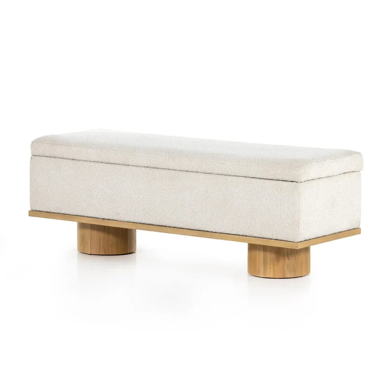 Banca Rodrigo almacenamiento tapizada bouclé patas cilíndricas roble macizo fabricación muebles personalizados Panamá Taylor Decor Design