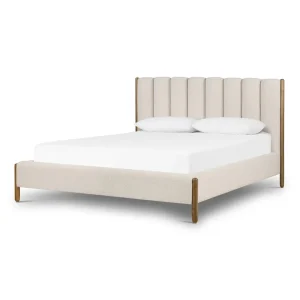 Cama Matilde cabecero acanalado tapizado bouclé roble macizo diseño contemporáneo fabricación muebles personalizados Panamá Taylor Decor Design