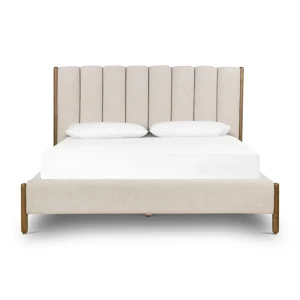 Cama Matilde cabecero acanalado tapizado bouclé roble macizo diseño contemporáneo fabricación muebles personalizados Panamá Taylor Decor Design